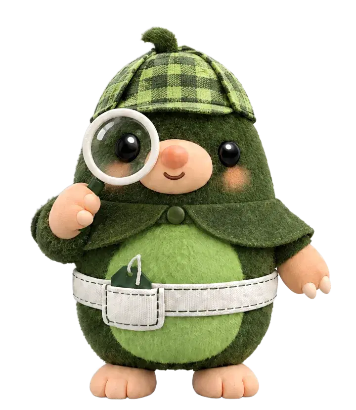Digby the mole in a deerstalker hat, looking through a magnifying glass